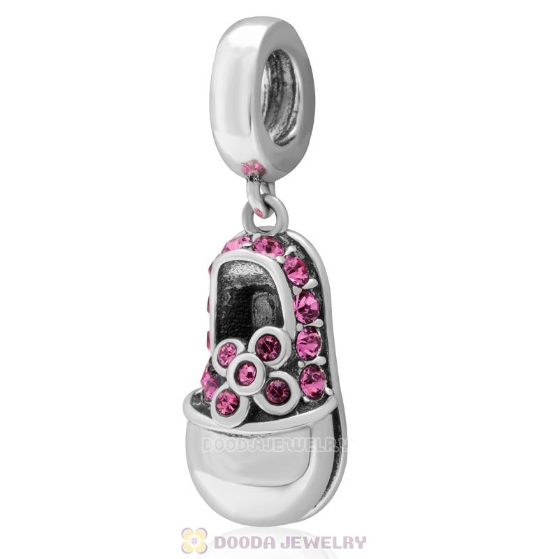 Rose Crystal Baby Shoe Dangle 925 Sterling Silver Charm 