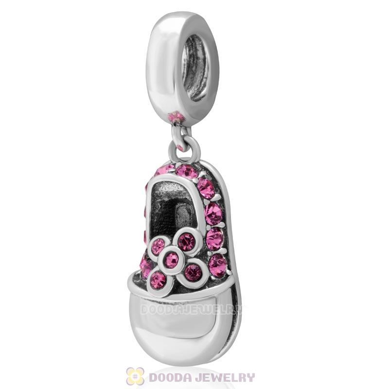 Rose Crystal Baby Shoe Dangle 925 Sterling Silver Charm
