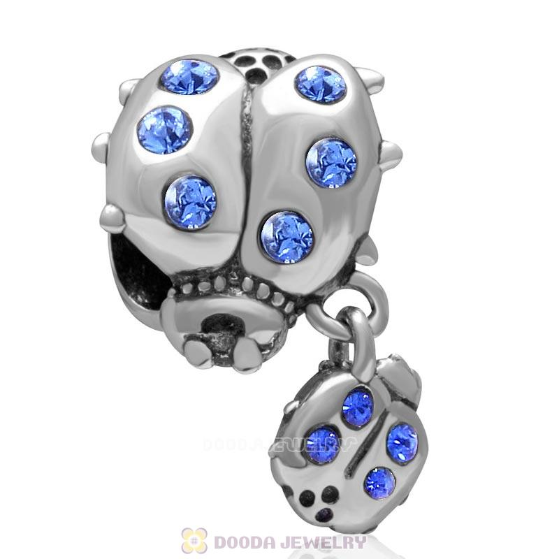 925 Sterling Silver Ladybug with Dangling Smaller Ladybug and Sapphire Crystals Charm Bead 