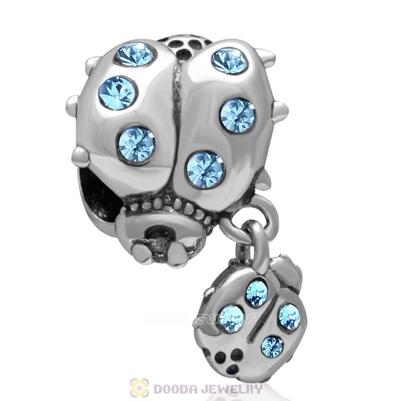 925 Sterling Silver Ladybug with Dangling Smaller Ladybug and Aquamarine Crystals Charm Bead 