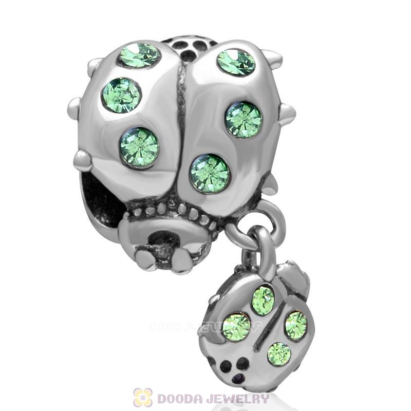 925 Sterling Silver Ladybug with Dangling Smaller Ladybug and Peridot Crystals Charm Bead 