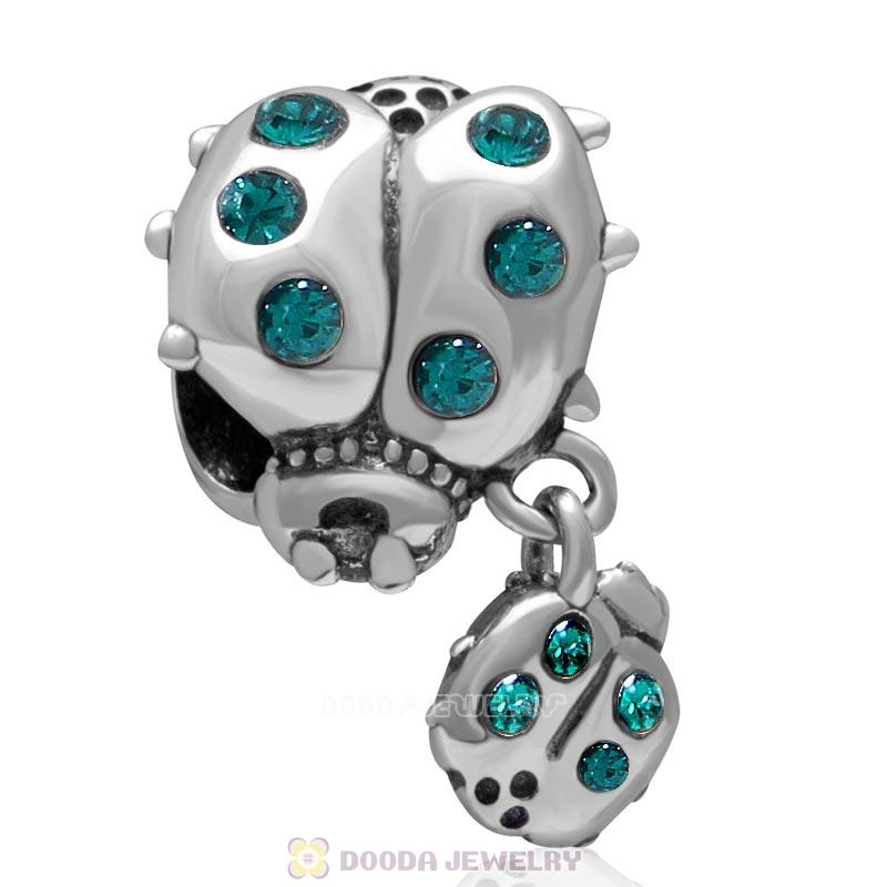 925 Sterling Silver Ladybug with Dangling Smaller Ladybug and Emerald Crystals Charm Bead 