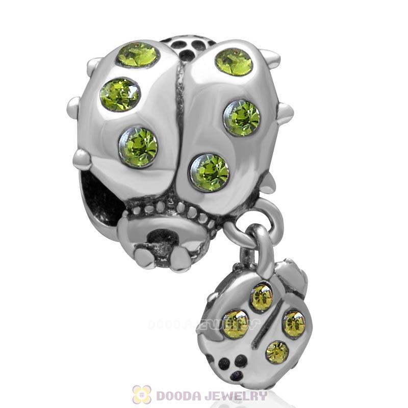 925 Sterling Silver Ladybug with Dangling Smaller Ladybug and Olivine Crystals Charm Bead 