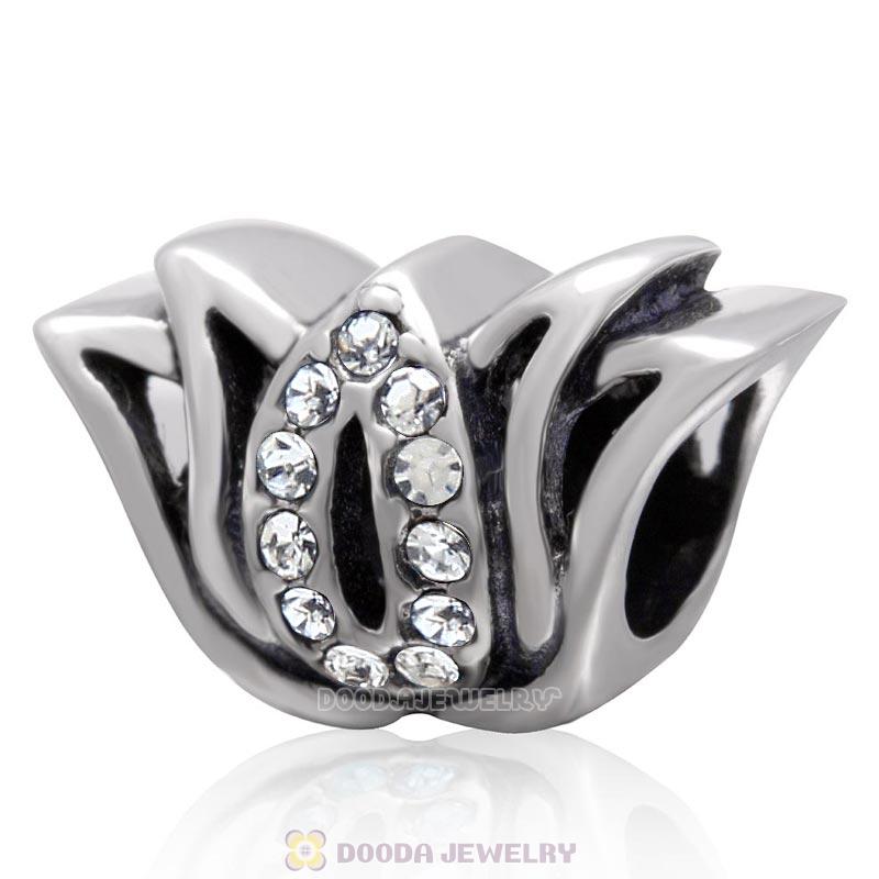 Tulip Flower Bead and Charm with Clear Crystal 925 Sterling Silver