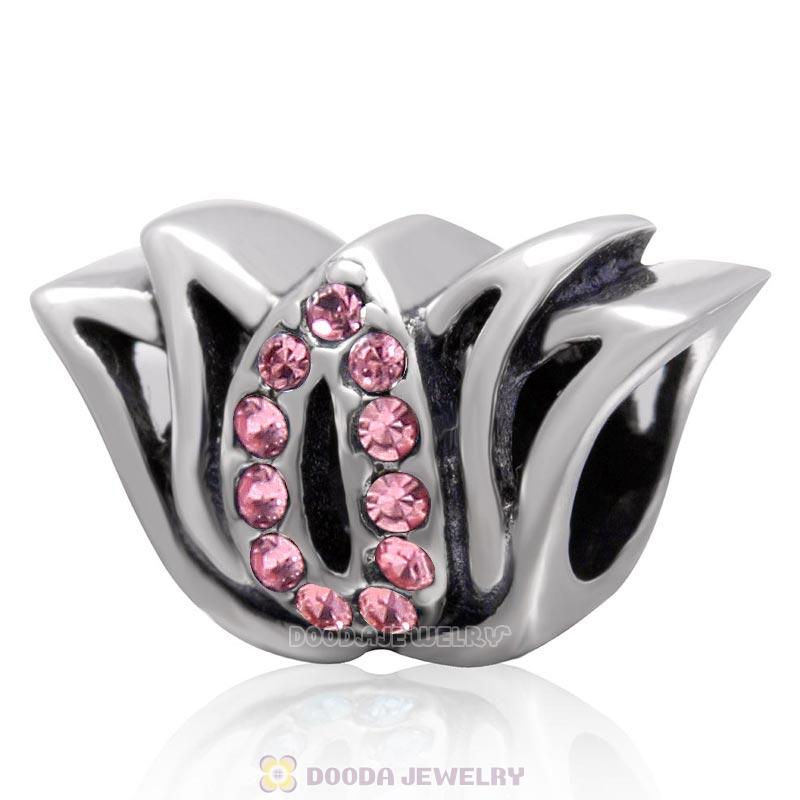 Tulip Flower Bead and Charm with Lt Rose Crystal 925 Sterling Silver