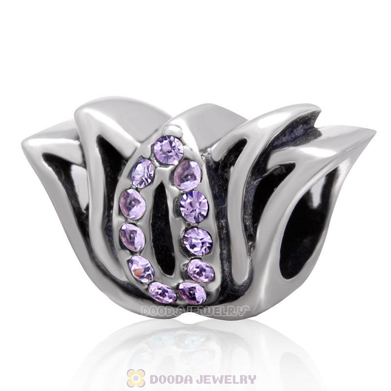 Tulip Flower Bead and Charm with Violet Crystal 925 Sterling Silver