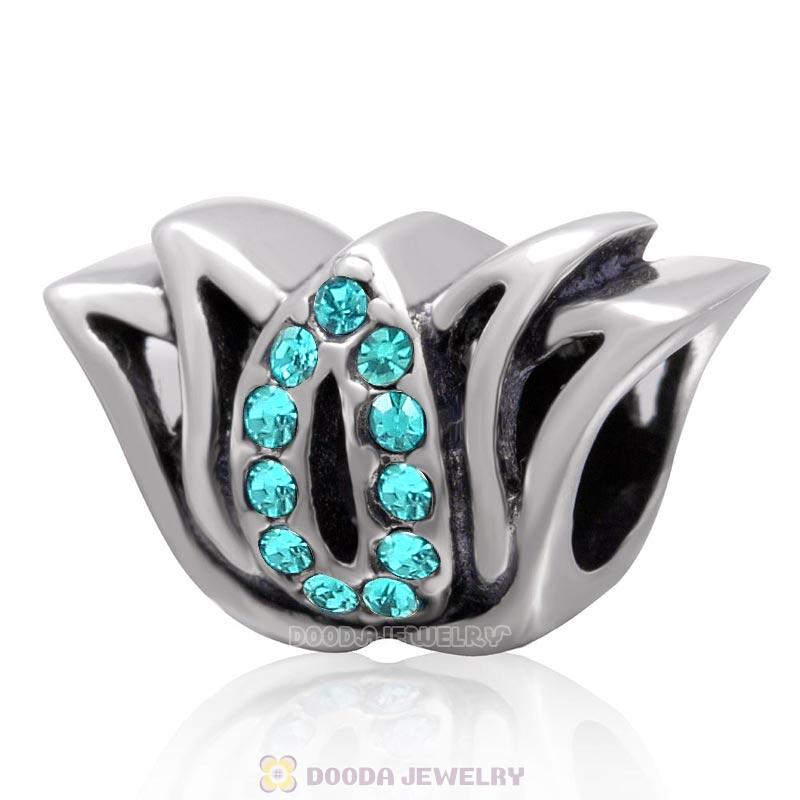 Tulip Flower Bead and Charm with Blue Zircon Crystal 925 Sterling Silver