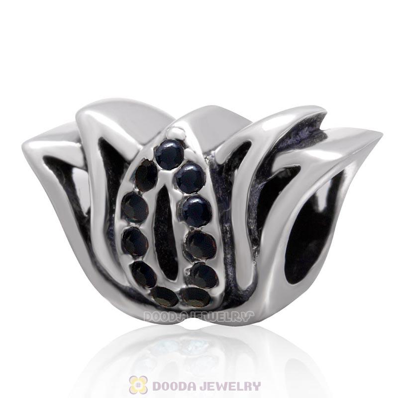 Tulip Flower Bead and Charm with Jet Crystal 925 Sterling Silver