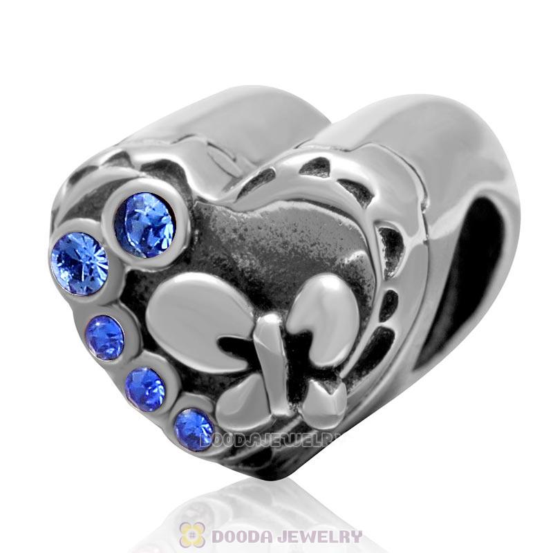 925 Sterling Silver Butterfly Music Box Charm Love Heart Bead with Sapphire Crystal