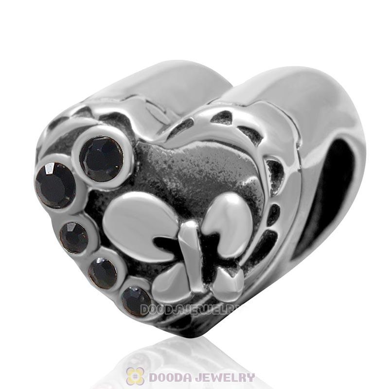 925 Sterling Silver Butterfly Music Box Charm Love Heart Bead with Jet Crystal