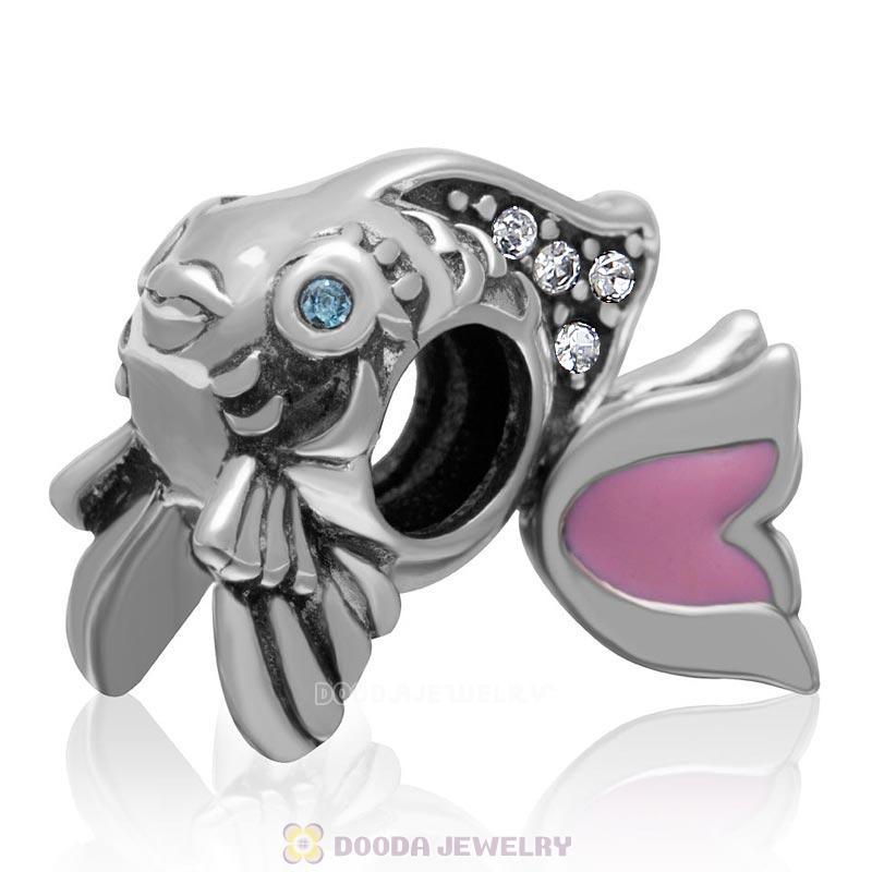 Cute Fish Charm with Clear Crystal and Pink Movable Tail in 925 Sterling Silver 