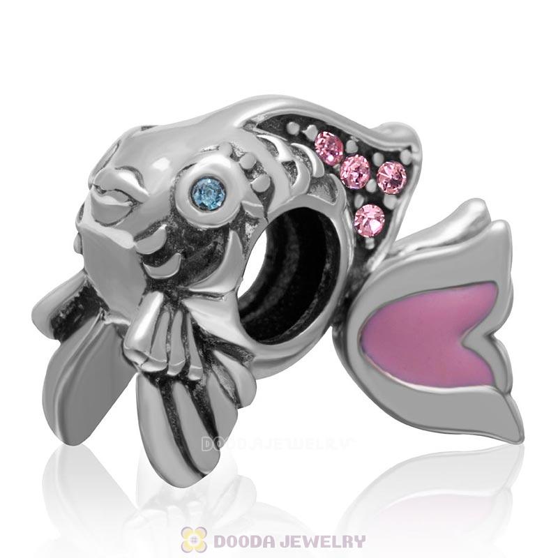 Cute Fish Charm with Lt Rose Crystal and Pink Movable Tail in 925 Sterling Silver 