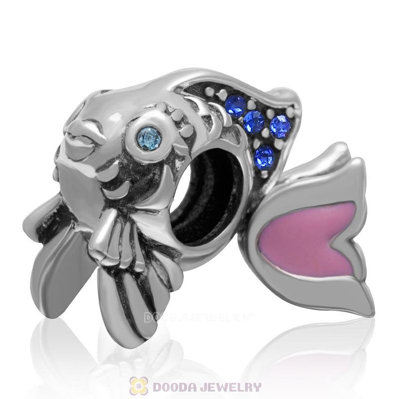 Cute Fish Charm with Sapphire Crystal and Pink Movable Tail in 925 Sterling Silver 