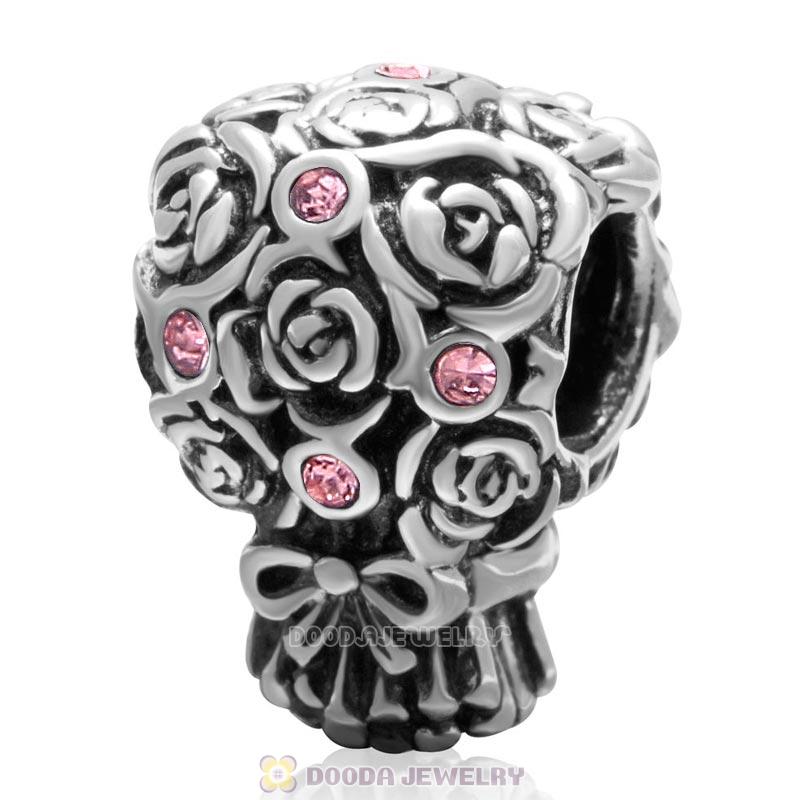 925 Sterling Silver Wedding Bouquet Bead Lt Rose Crystal Charm