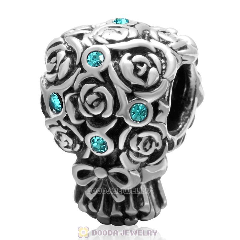 925 Sterling Silver Wedding Bouquet Bead Blue Zircon Crystal Charm