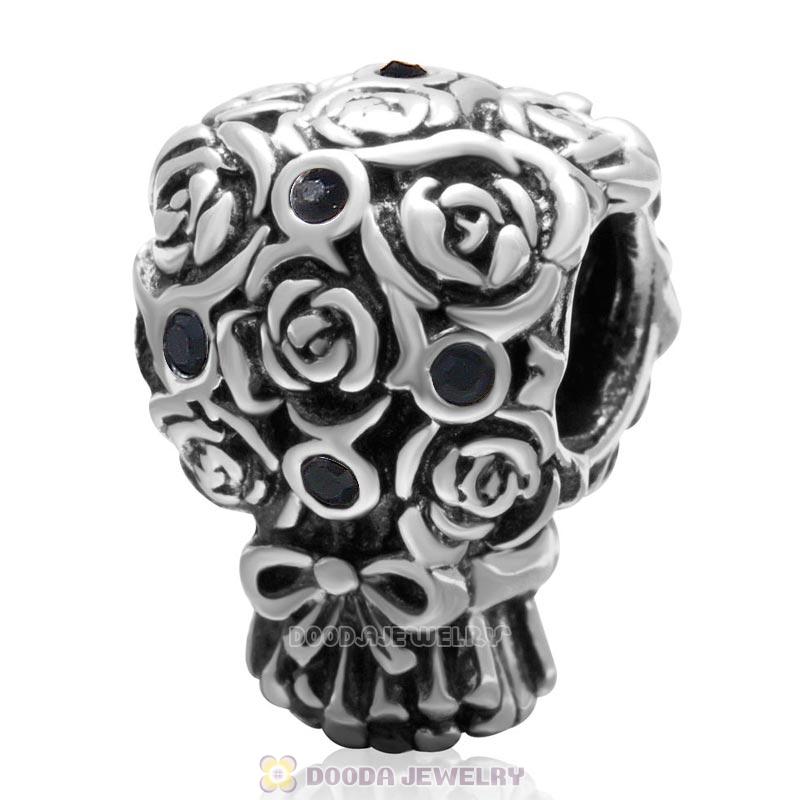 925 Sterling Silver Wedding Bouquet Bead Jet Crystal Charm