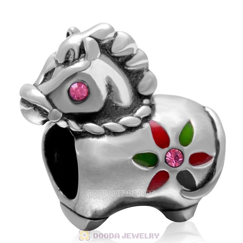 925 Sterling Silver Cute Horse Rose Crystal Charm 