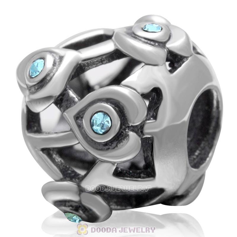 925 Sterling Silver Love with Aquamarine Crystal European Bead