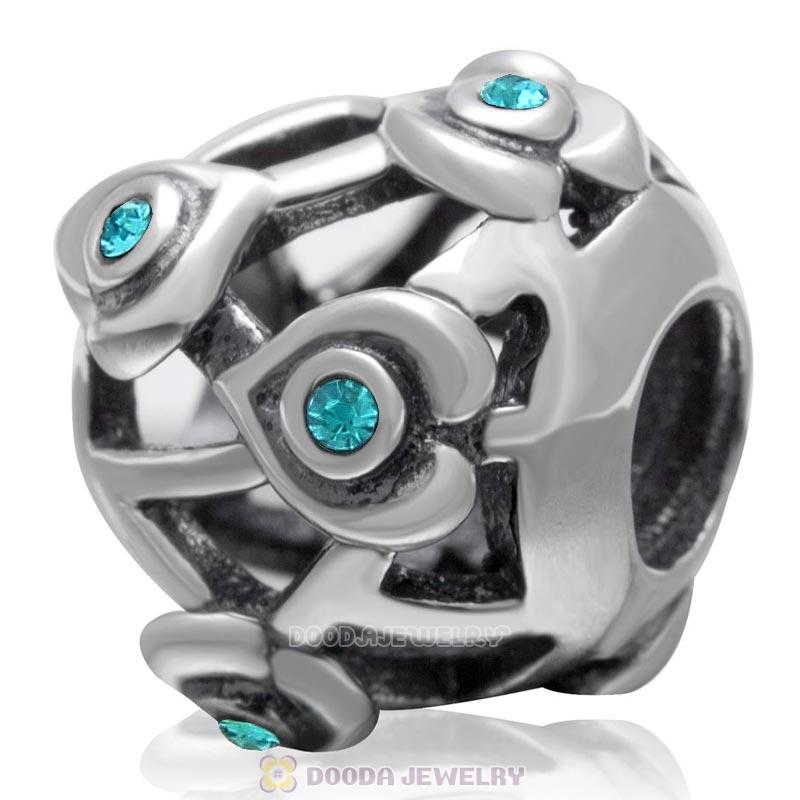 925 Sterling Silver Love with Blue Zircon Crystal European Bead