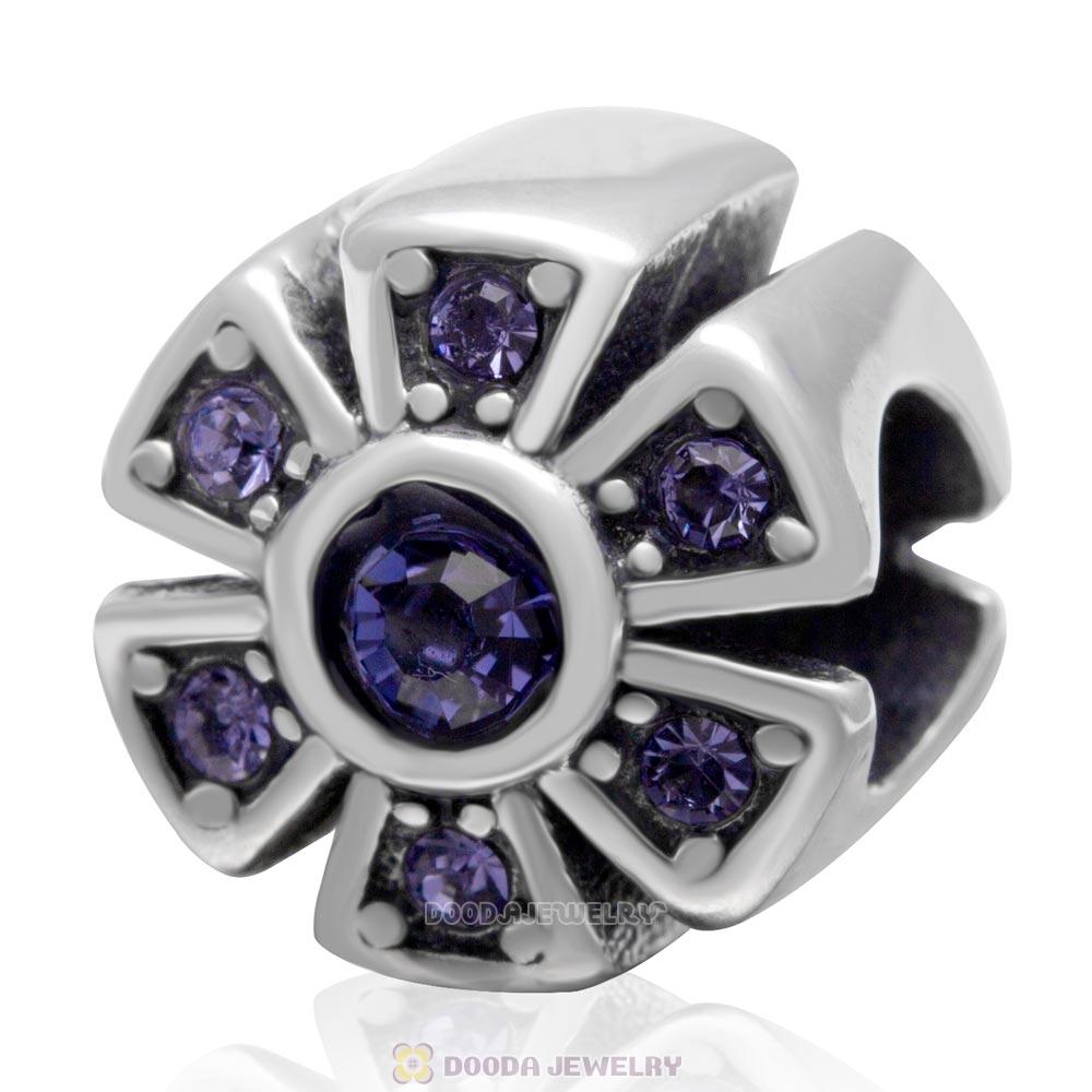 Sparkly Flower Charm 925 Sterling Silver Tanzanite Crystal Bead