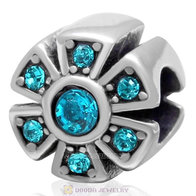 Sparkly Flower Charm 925 Sterling Silver Blue Zircon Crystal Bead