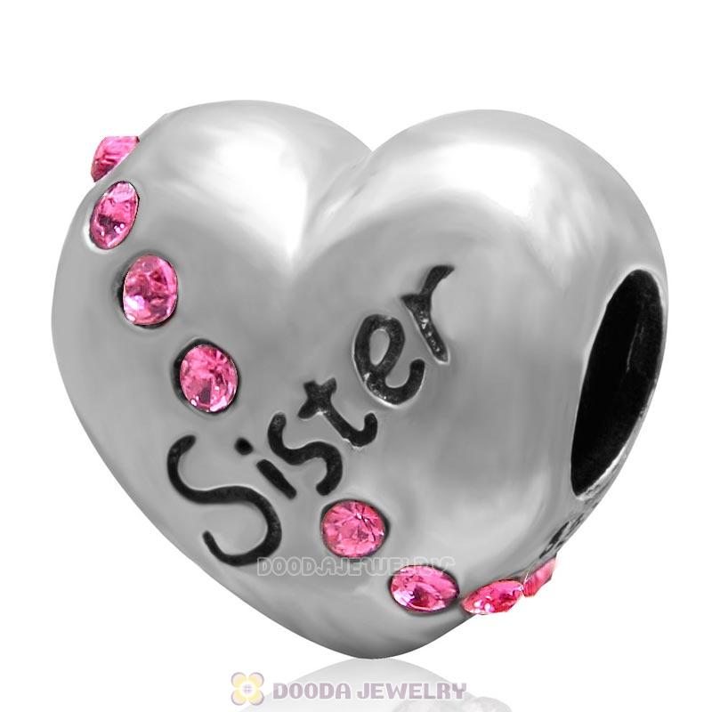 925 Sterling Silver Rose Crystal Sister Heart Love Bead