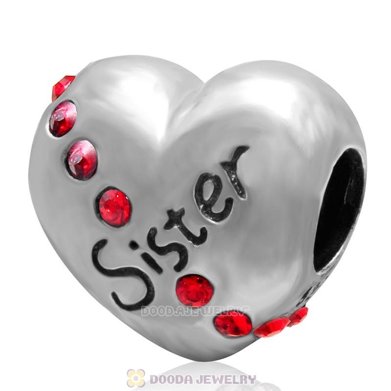 925 Sterling Silver Lt Siam Crystal Sister Heart Love Bead