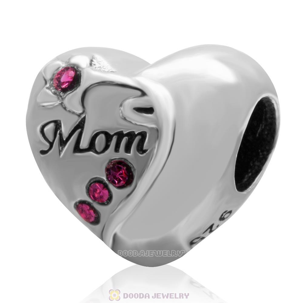 925 Sterling Silver Mom Heart Love Bead with Rose Crystal
