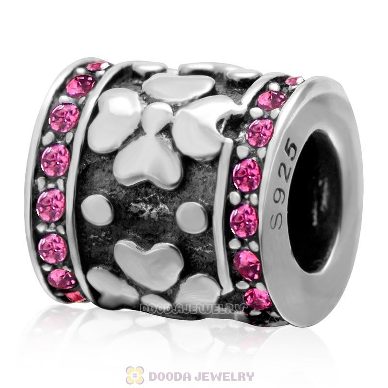 Lucky Four Leaf Clover Charm in 925 Sterling Silver with Rose Crystal