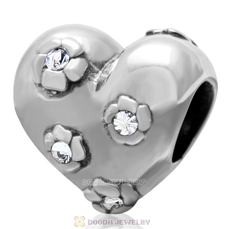 925 Sterling Silver Sweet Heart Bead with Clear Crystal Flower Charm