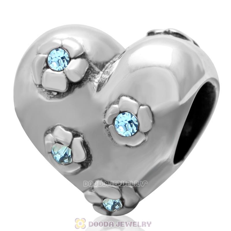 925 Sterling Silver Sweet Heart Bead with Aquamarine Crystal Flower Charm