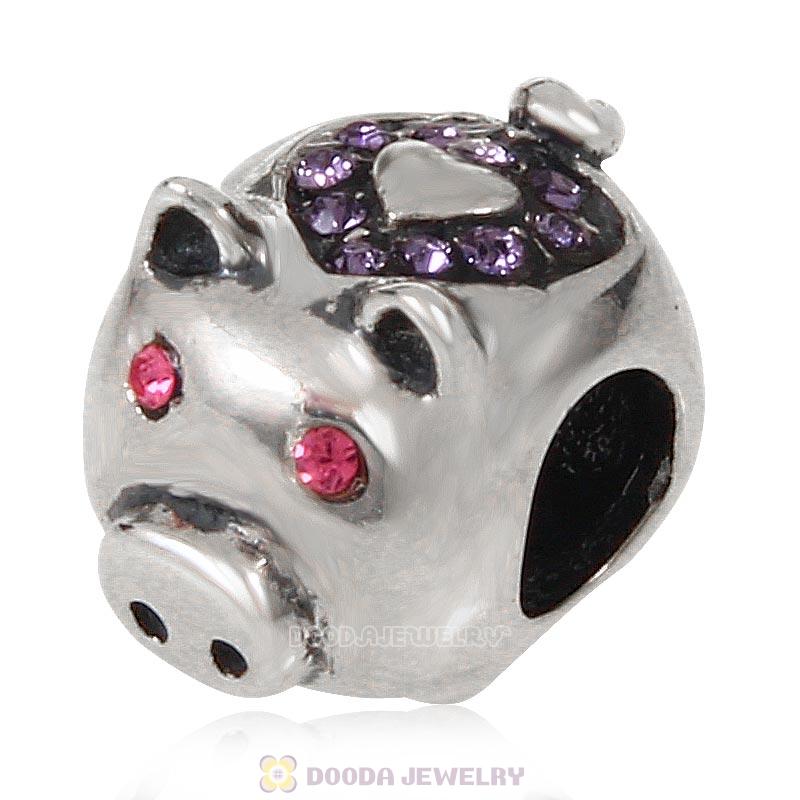 925 Sterling Silver Cute Pig with Tanzanite Love Crystal Charm Bead