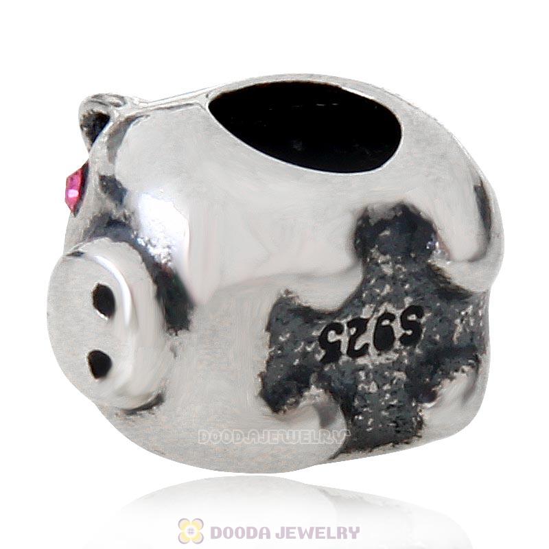 925 Sterling Silver Cute Pig with Sapphire Love Crystal Charm Bead