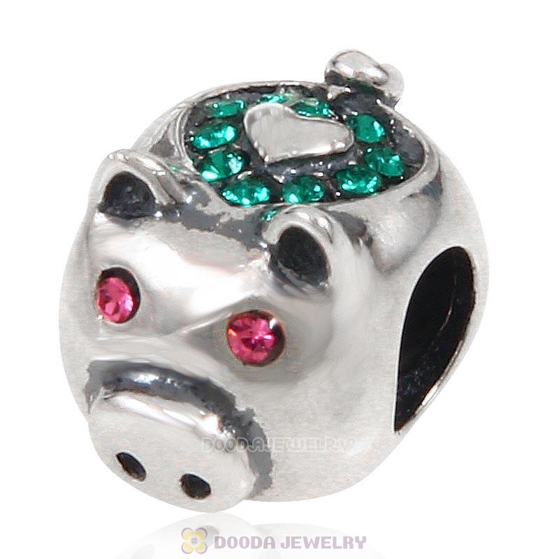 925 Sterling Silver Cute Pig with Emerald Love Crystal Charm Bead