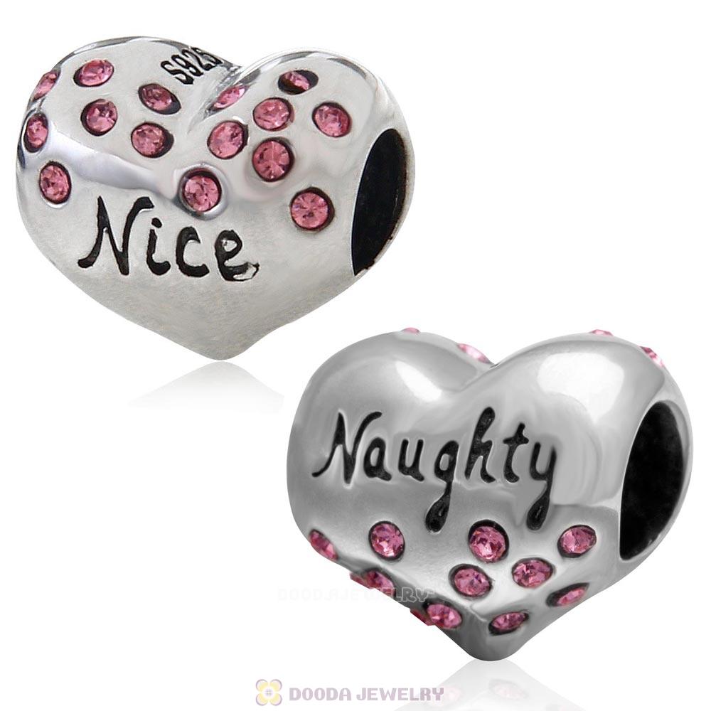 925 Sterling Silver Nice or Naughty Heart Bead with Lt Rose Crystal 