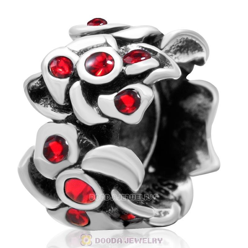 925 Sterling Silver Lt Siam Crystal Open Poppy Flower Bead