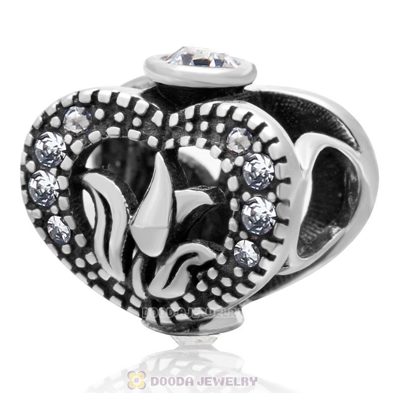 Love Tulip 925 Sterling Silver Heart Bead with Clear Crystal