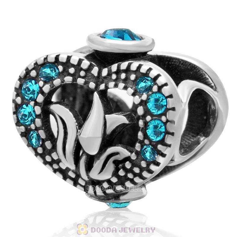 Love Tulip 925 Sterling Silver Heart Bead with Blue Zircon Crystal