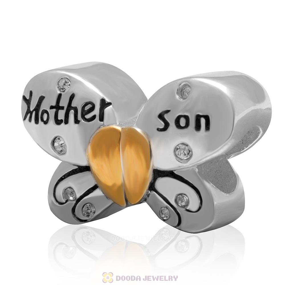 1 Pair Sterling Silver Gold Plated Mother Son Butterfly Bead with Clear Austrian Crystal