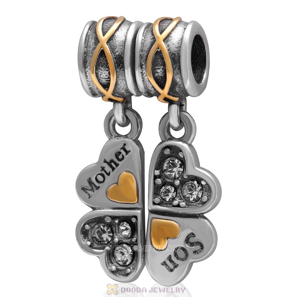 925 Sterling Silver Mother Son Clear Crystal Clover Dangle Bead Charm 