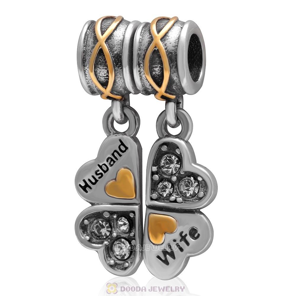 925 Sterling Silver Wife Husband Clear Crystal Clover Dangle Bead Charm 