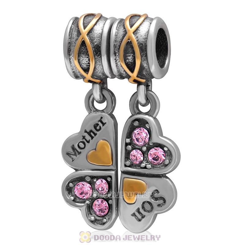 925 Sterling Silver Mother Son Lt Rose Crystal Clover Dangle Bead Charm 