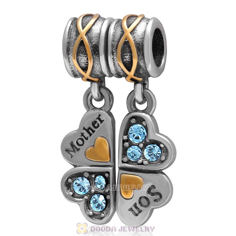 925 Sterling Silver Mother Son Aquamarine Crystal Clover Dangle Bead Charm