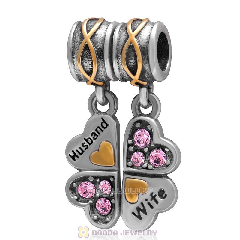 925 Sterling Silver Wife Husband Lt Rose Crystal Clover Dangle Bead Charm 