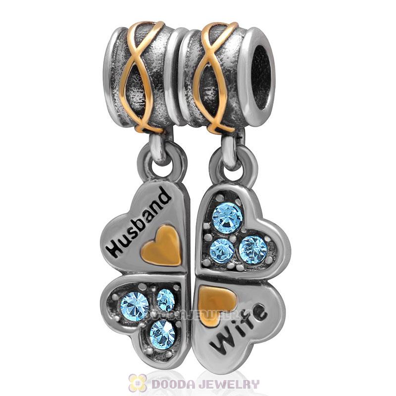 925 Sterling Silver Wife Husband Aquamarine Crystal Clover Dangle Bead Charm 