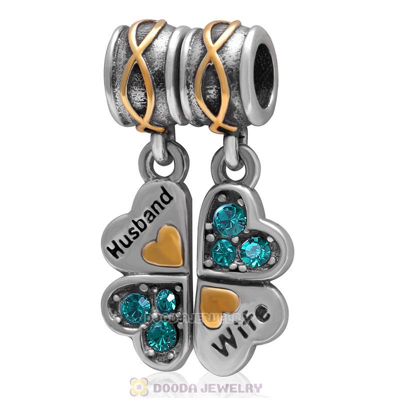 925 Sterling Silver Wife Husband Emerald Crystal Clover Dangle Bead Charm