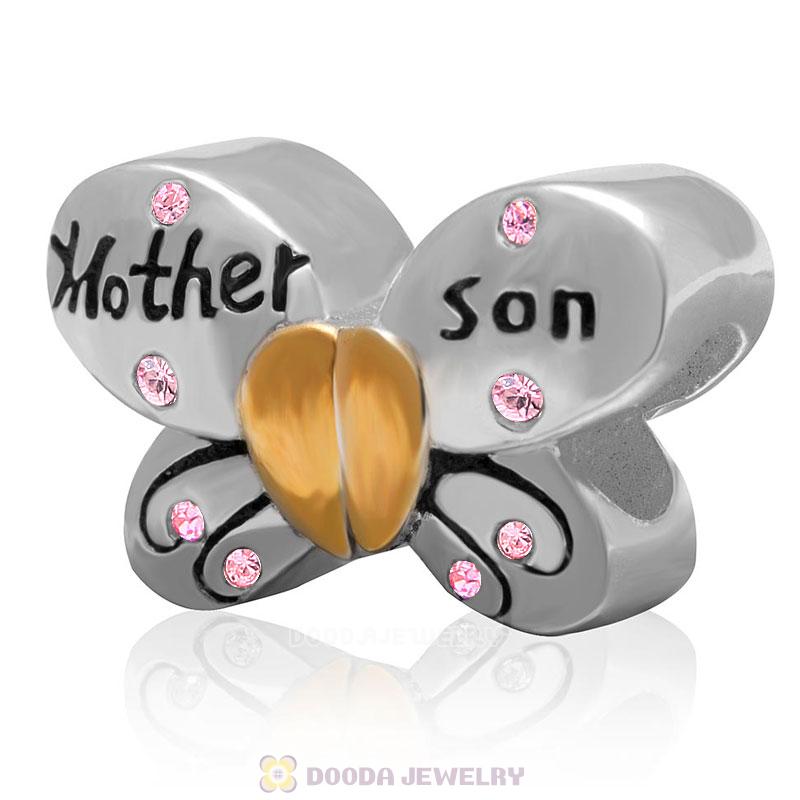 1 Pair Sterling Silver Gold Plated Mother Son Butterfly Bead with Lt Rose Austrian Crystal