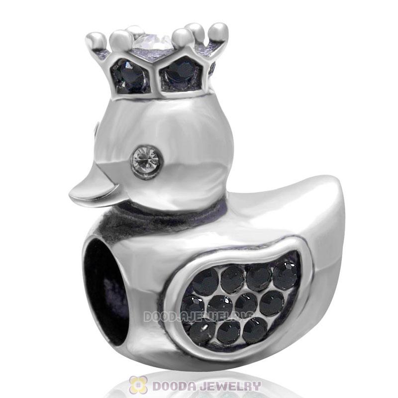 Pleasing Duck Crown Jet Crystal Charm 925 Sterling Silver 
