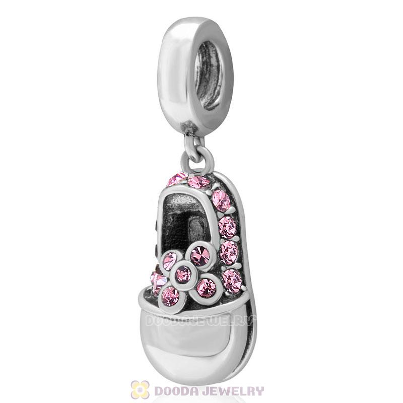 Lt Rose Crystal Baby Shoe Dangle 925 Sterling Silver Charm 