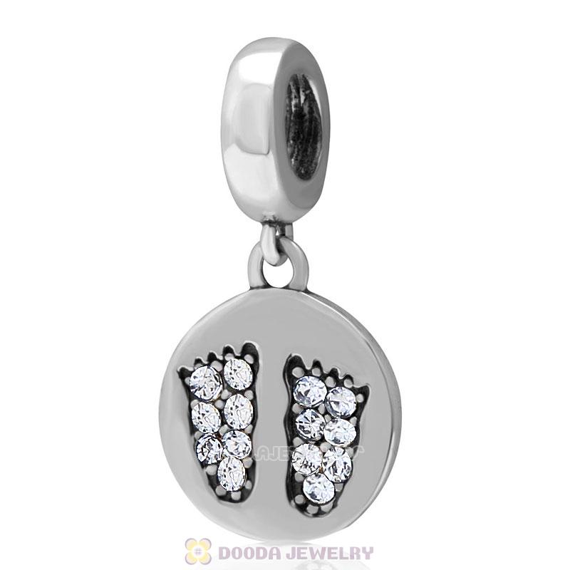 925 Sterling Silver Clear Crystal Pave Dangle Baby Feet Charm 
